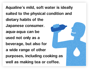 Aqualine’s mild, soft water is ideally suited to the physical condition and dietary habits of the Japanese consumer. aqua-aqua can be used not only as a beverage, but also for a wide range of other purposes, including cooking as well as making tea or coffee.